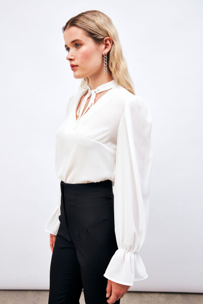 Loose Blouse with Tie Detail at Collar - ECRU - 1