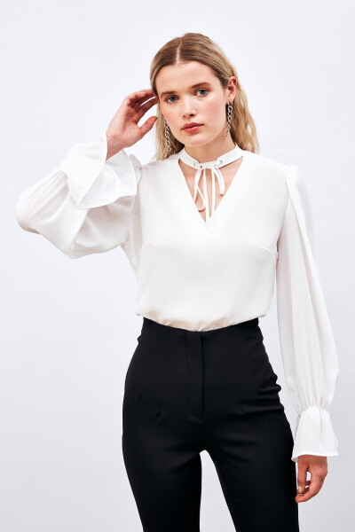 Loose Blouse with Tie Detail at Collar - ECRU - 2