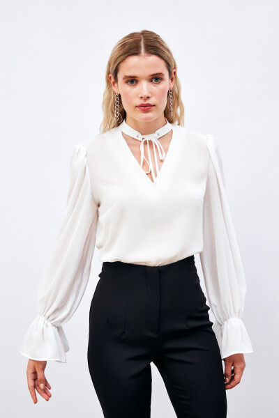 Loose Blouse with Tie Detail at Collar - ECRU - 3