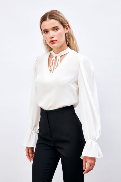 Loose Blouse with Tie Detail at Collar - ECRU - 4