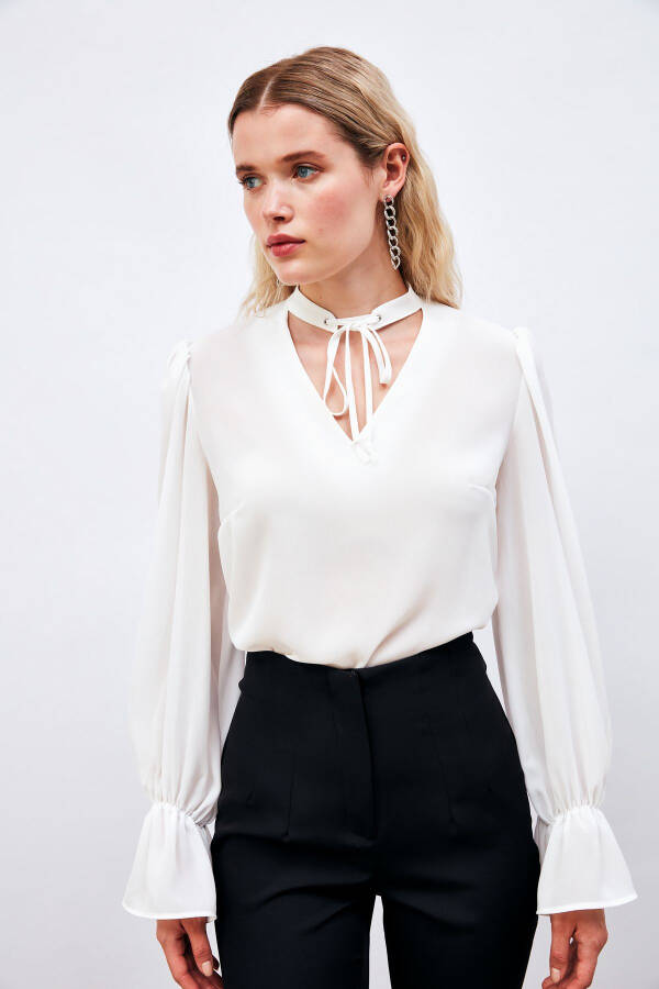 Loose Blouse with Tie Detail at Collar - ECRU - 5