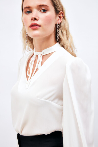 Loose Blouse with Tie Detail at Collar - ECRU - 6