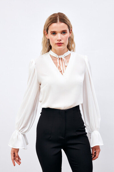 Loose Blouse with Tie Detail at Collar - ECRU - 12