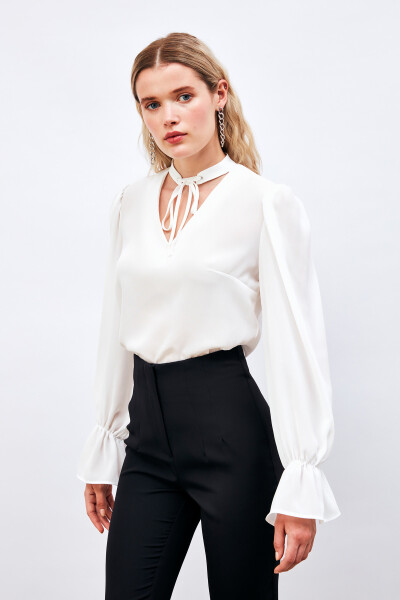 Loose Blouse with Tie Detail at Collar - ECRU - 13