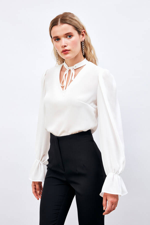 Loose Blouse with Tie Detail at Collar - ECRU - 13