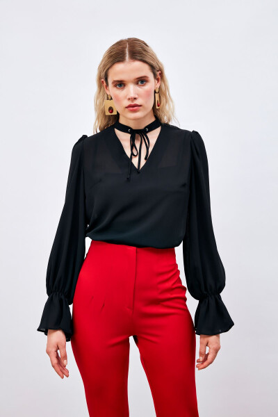 Loose Blouse with Tie Detail at the Neck - BLACK - 1