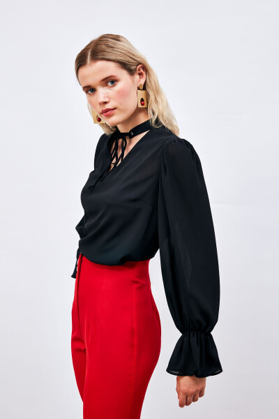 Loose Blouse with Tie Detail at the Neck - BLACK - 2