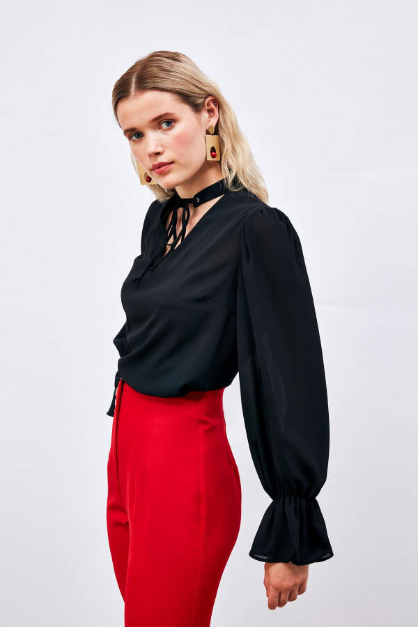 Loose Blouse with Tie Detail at the Neck - BLACK - 8