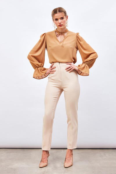 Loose Blouse with Tie Neck Detail - CAMEL - 1