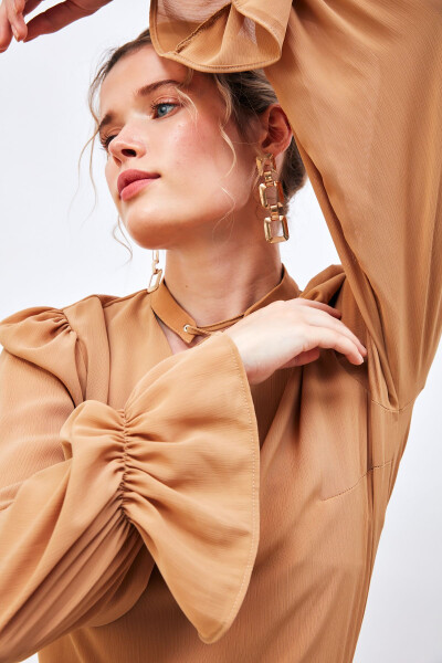 Loose Blouse with Tie Neck Detail - CAMEL - 2