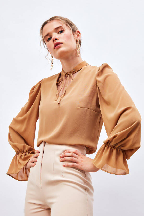 Loose Blouse with Tie Neck Detail - CAMEL - 3