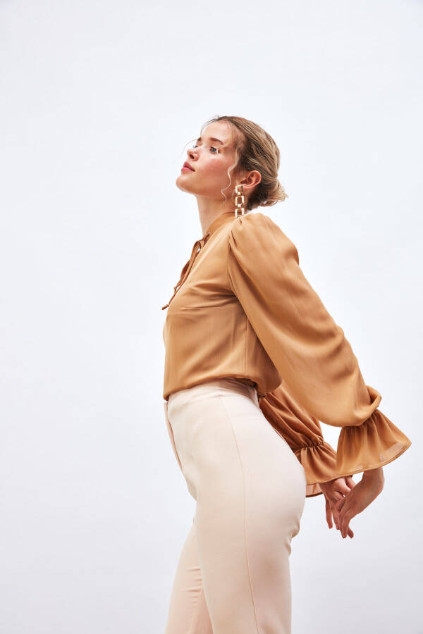 Loose Blouse with Tie Neck Detail - CAMEL - 4