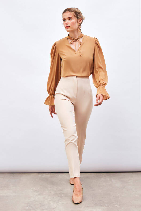 Loose Blouse with Tie Neck Detail - CAMEL - 5