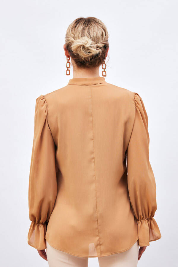 Loose Blouse with Tie Neck Detail - CAMEL - 7