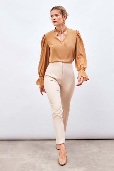 Loose Blouse with Tie Neck Detail - CAMEL - 12