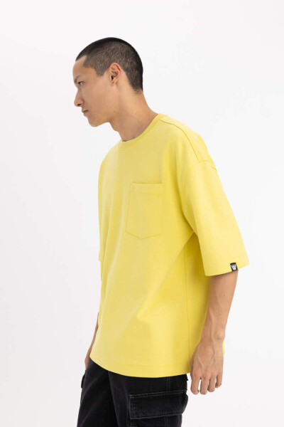 Loose Fit Crew Neck Pocket Printed Short Sleeve Heavy Fabric T-Shirt Yellow - 3