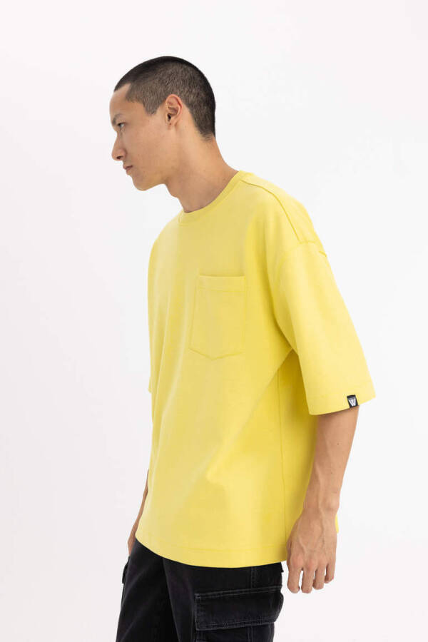 Loose Fit Crew Neck Pocket Printed Short Sleeve Heavy Fabric T-Shirt Yellow - 3