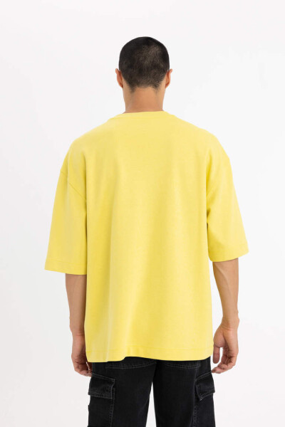 Loose Fit Crew Neck Pocket Printed Short Sleeve Heavy Fabric T-Shirt Yellow - 6