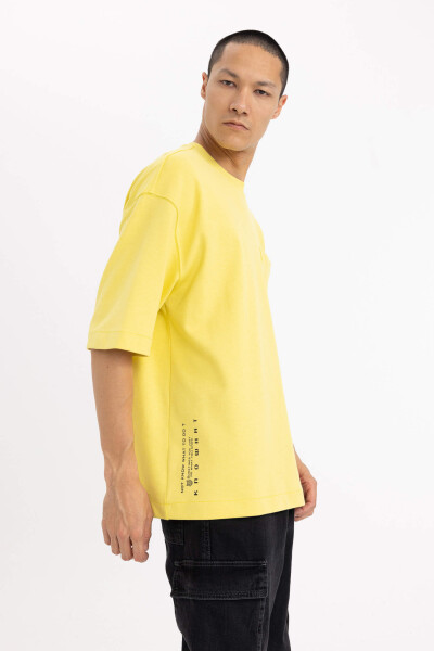 Loose Fit Crew Neck Pocket Printed Short Sleeve Heavy Fabric T-Shirt Yellow - 10