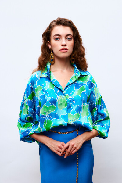 Loose Fit Floral Shirt - NAVY-GREEN - 7