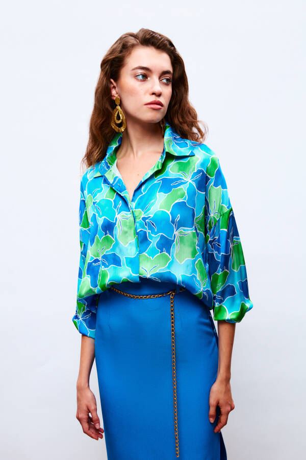 Loose Fit Floral Shirt - NAVY-GREEN - 8