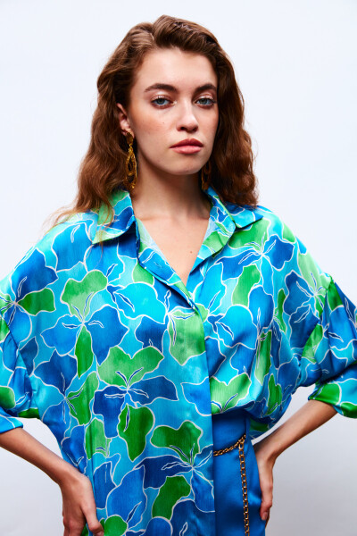 Loose Fit Floral Shirt - NAVY-GREEN - 9