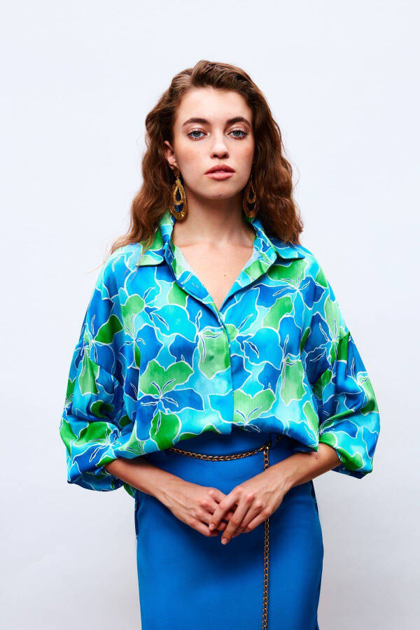 Loose Fit Floral Shirt - NAVY-GREEN - 1