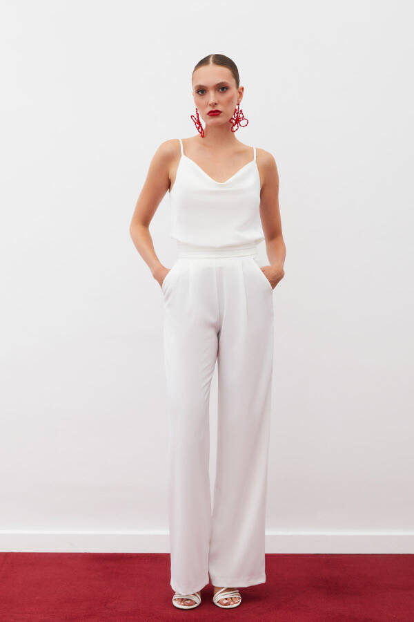 Loose Fit Satin Trousers with Pockets - ECRU - 1