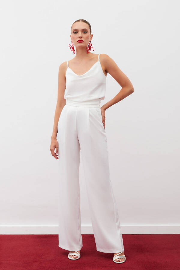 Loose Fit Satin Trousers with Pockets - ECRU - 4