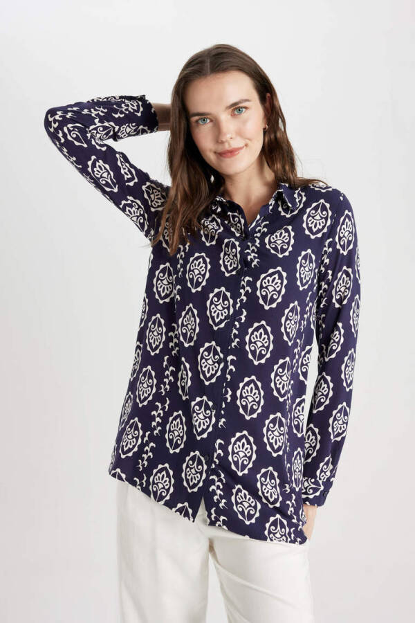 Loose Fit Shirt Collar Long Sleeve Tunic Navy - 4