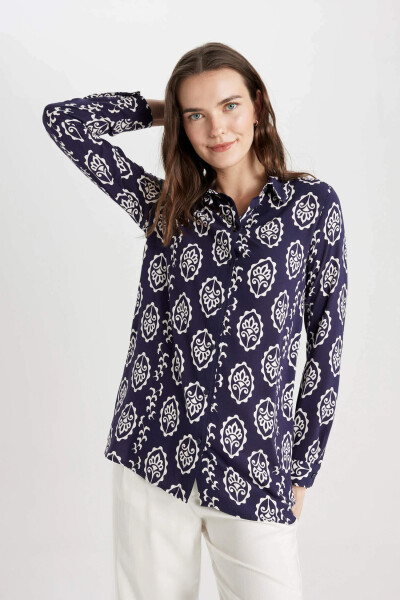 Loose Fit Shirt Collar Long Sleeve Tunic Navy - 12