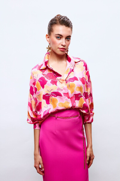 Loose Floral Shirt - FUCHSIA-ORANGE - 2