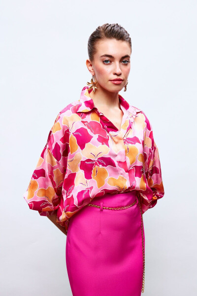 Loose Floral Shirt - FUCHSIA-ORANGE - 3