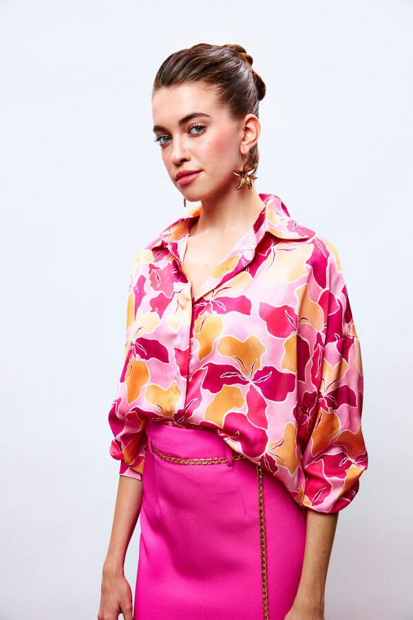 Loose Floral Shirt - FUCHSIA-ORANGE - 4