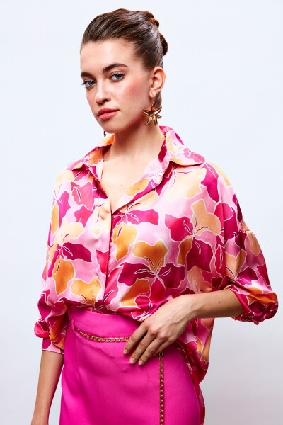 Loose Floral Shirt - FUCHSIA-ORANGE - 6