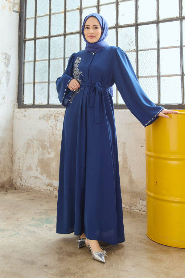 Lora Stone Embellished Abaya - Indigo - 1