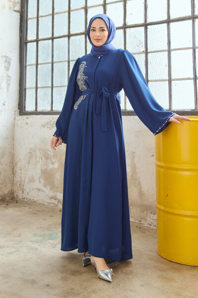 Lora Stone Embellished Abaya - Indigo - 3