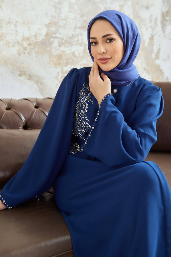 Lora Stone Embellished Abaya - Indigo - 4