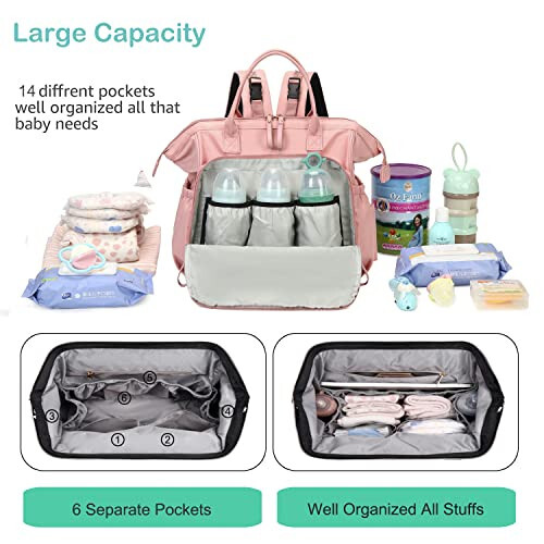 LORADI Convertible Diaper Bag Tote, Water-Resistant 14 Pockets Diaper Backpack with Anti-theft Pockets and Stroller Clips (Black, Large) - 2