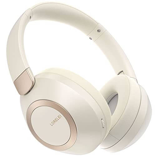 LORELEI B-C6 Wireless Over Ear Headphones, 50H Playtime Foldable Lightweight Bluetooth Headsets, Deep Bass, Built-in Microphone, Memory Foam Earmuff, for Travel, Home Office (Beige White) - 1