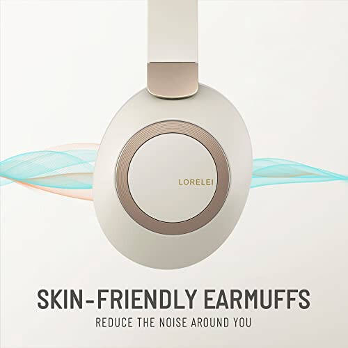 LORELEI B-C6 Wireless Over Ear Headphones, 50H Playtime Foldable Lightweight Bluetooth Headsets, Deep Bass, Built-in Microphone, Memory Foam Earmuff, for Travel, Home Office (Beige White) - 4