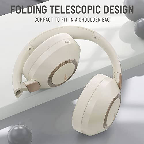 LORELEI B-C6 Wireless Over Ear Headphones, 50H Playtime Foldable Lightweight Bluetooth Headsets, Deep Bass, Built-in Microphone, Memory Foam Earmuff, for Travel, Home Office (Beige White) - 5