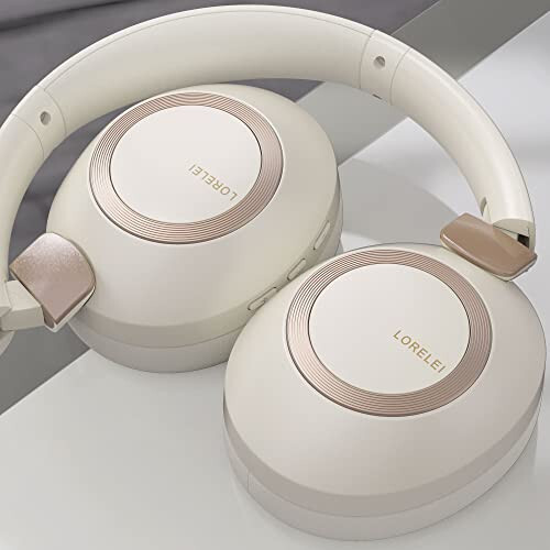 LORELEI B-C6 Wireless Over Ear Headphones, 50H Playtime Foldable Lightweight Bluetooth Headsets, Deep Bass, Built-in Microphone, Memory Foam Earmuff, for Travel, Home Office (Beige White) - 6