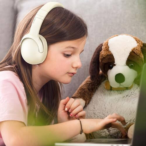 LORELEI B-E5 Kids Bluetooth Headphones, Wireless Headphones for Kids, Foldable 40H Playtime, Bluetooth Headphones with Built-in mic, On Ear Headsets for Child/Teens/School/Tablet(Beige White) - 6