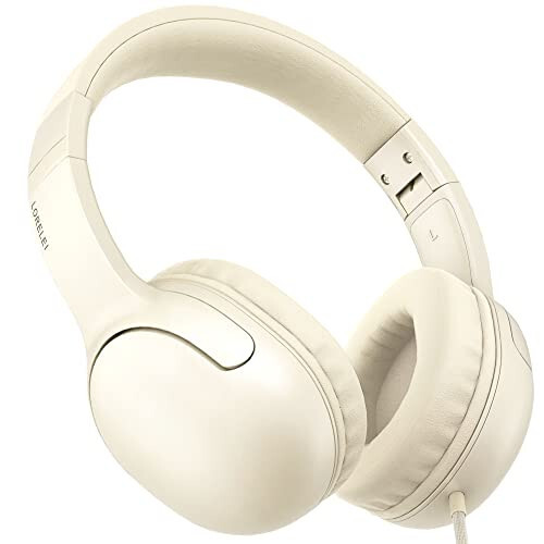 LORELEI E5 Wired Headphones for Kids Foldable & 3.5mm Jack Tangle Free Nylon Wire Stereo On Ear Headsets for Kids/Children/School/Tablet/Ipad/Kiddle/Plane (Beige White) - 1