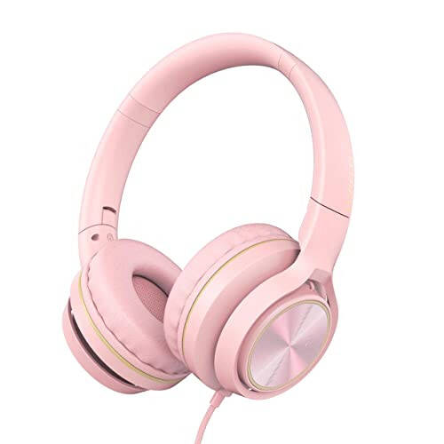 LORELEI S9 Wired Headphones with Microphone for School，On-Ear Kids Headphones for Girls Boys，Folding Lightweight and 3.5mm Audio Jack Headset for Phone, Ipad，Tablet, PC, Chromebook (Pearl Pink) - 1