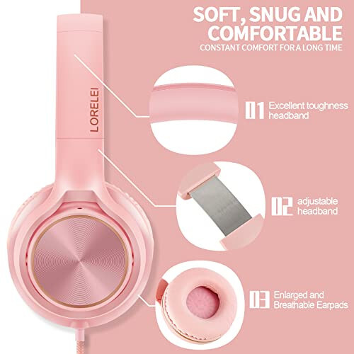 LORELEI S9 Wired Headphones with Microphone for School，On-Ear Kids Headphones for Girls Boys，Folding Lightweight and 3.5mm Audio Jack Headset for Phone, Ipad，Tablet, PC, Chromebook (Pearl Pink) - 4