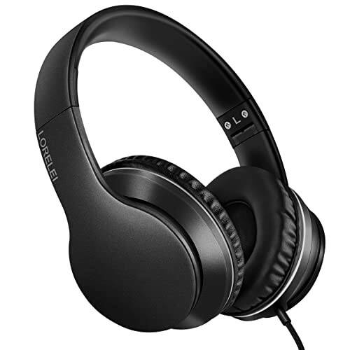 LORELEI X6 Over-Ear Headphones with Microphone, Lightweight Foldable & Portable Stereo Bass Headphones with 1.45M No-Tangle, Wired Headphones for Smartphone Tablet MP3 / 4 (Space Black) - 1