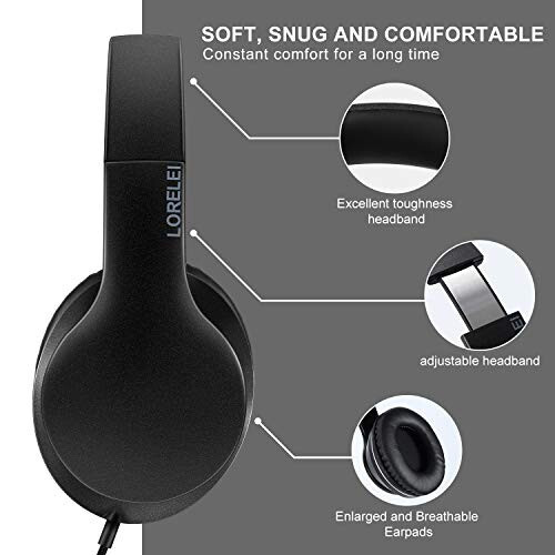 LORELEI X6 Over-Ear Headphones with Microphone, Lightweight Foldable & Portable Stereo Bass Headphones with 1.45M No-Tangle, Wired Headphones for Smartphone Tablet MP3 / 4 (Space Black) - 4