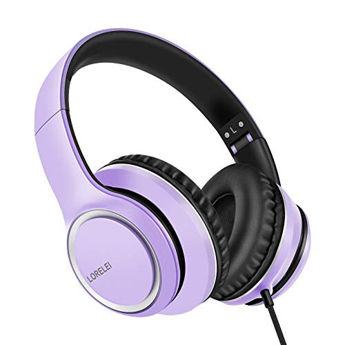 LORELEI X8 Over-Ear Wired Headphones with Microphone with 1.45m-Tangle-Free Nylon Line&3.5mm Plug,Lightweight Foldable & Portable Headphones for Smartphone,Tablet,Computer,Mp3/4(Dark Purple) - 1